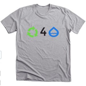 Grey t-shirt with recycling symbol, the number four, and a water droplet.