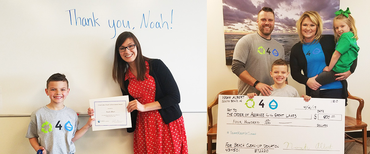 Left: Alliance for the Great Lakes Development Coordinator Carolyn Rudinsky presents Noah Albert with a certificate celebrating his achievement. Right: Noah Albert and his family present the Alliance with a super sized check donation for $400.