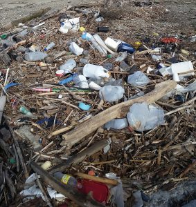 Plastic pollution on a beach.