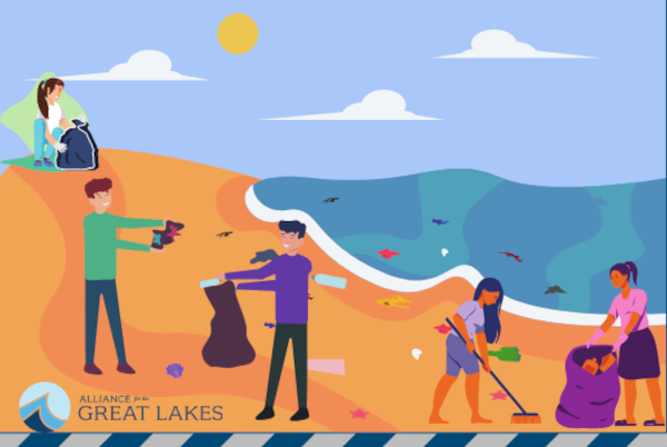Drawing of 5 people cleaning trash off a beach