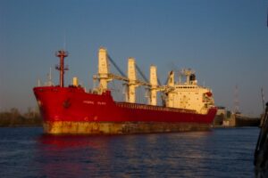 An ocean ship enters the Great Lakes from the St. Lawrence Seaway.