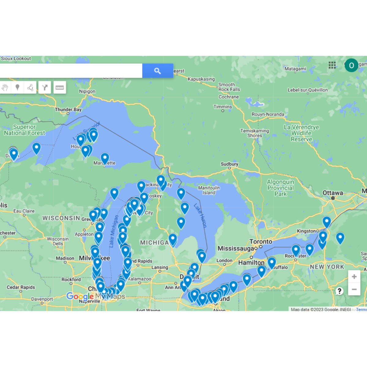 Great Lakes map showing cleanup locations across the lakes.