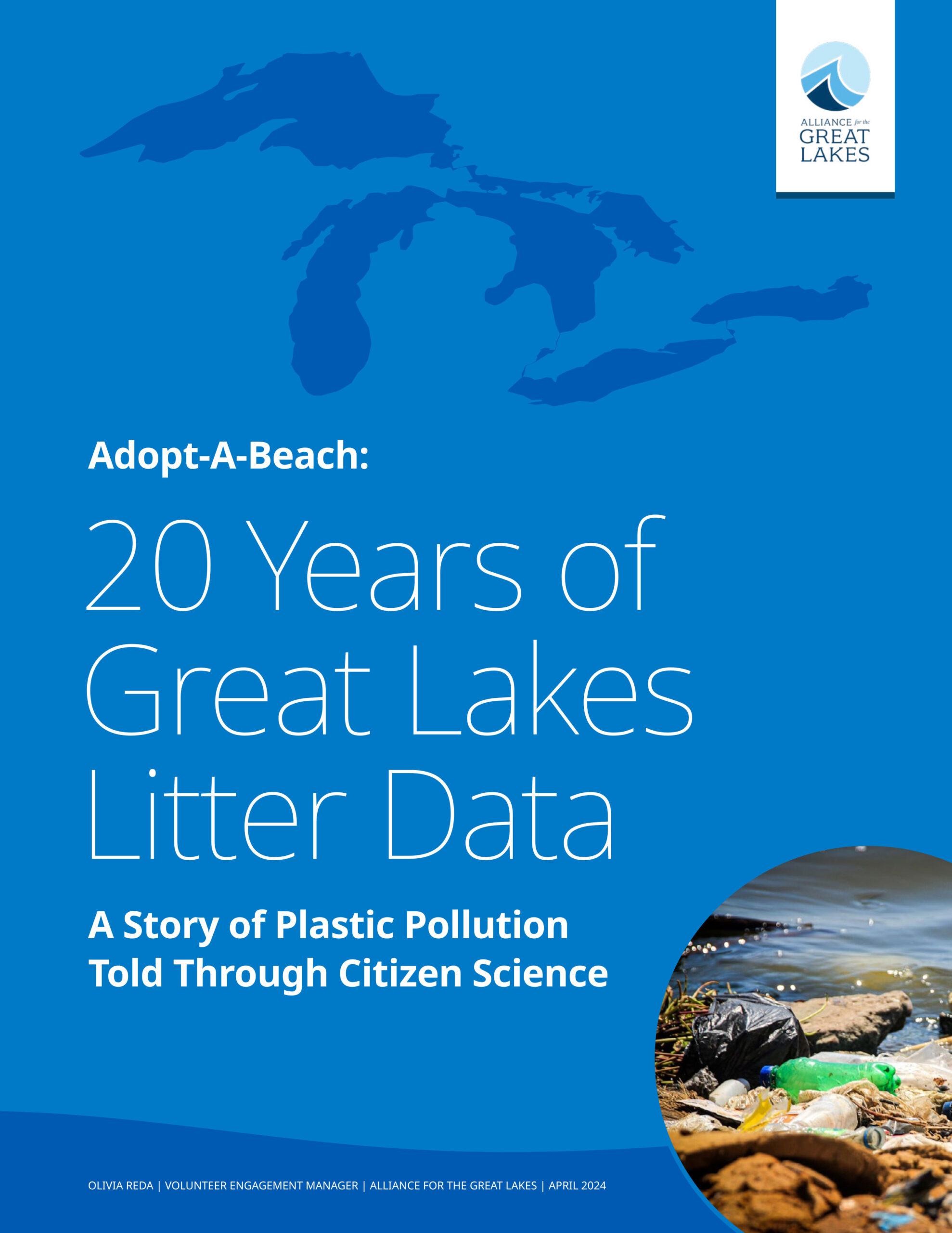 Report cover, Adopt-a-Beach: 20 Years of Great Lakes Litter Data.