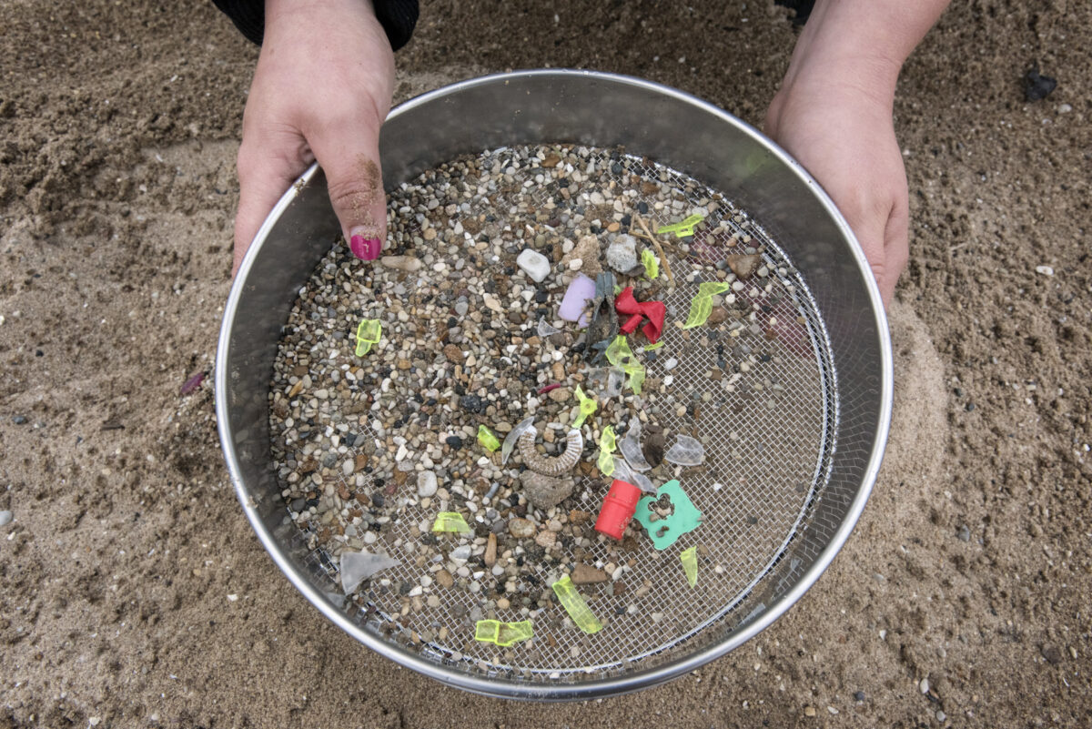 Hands hold a sieve that shows small pieces of plastic that were hidden in the sand.