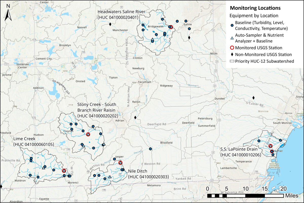 A map showing monitoring locations and equipment at each location.