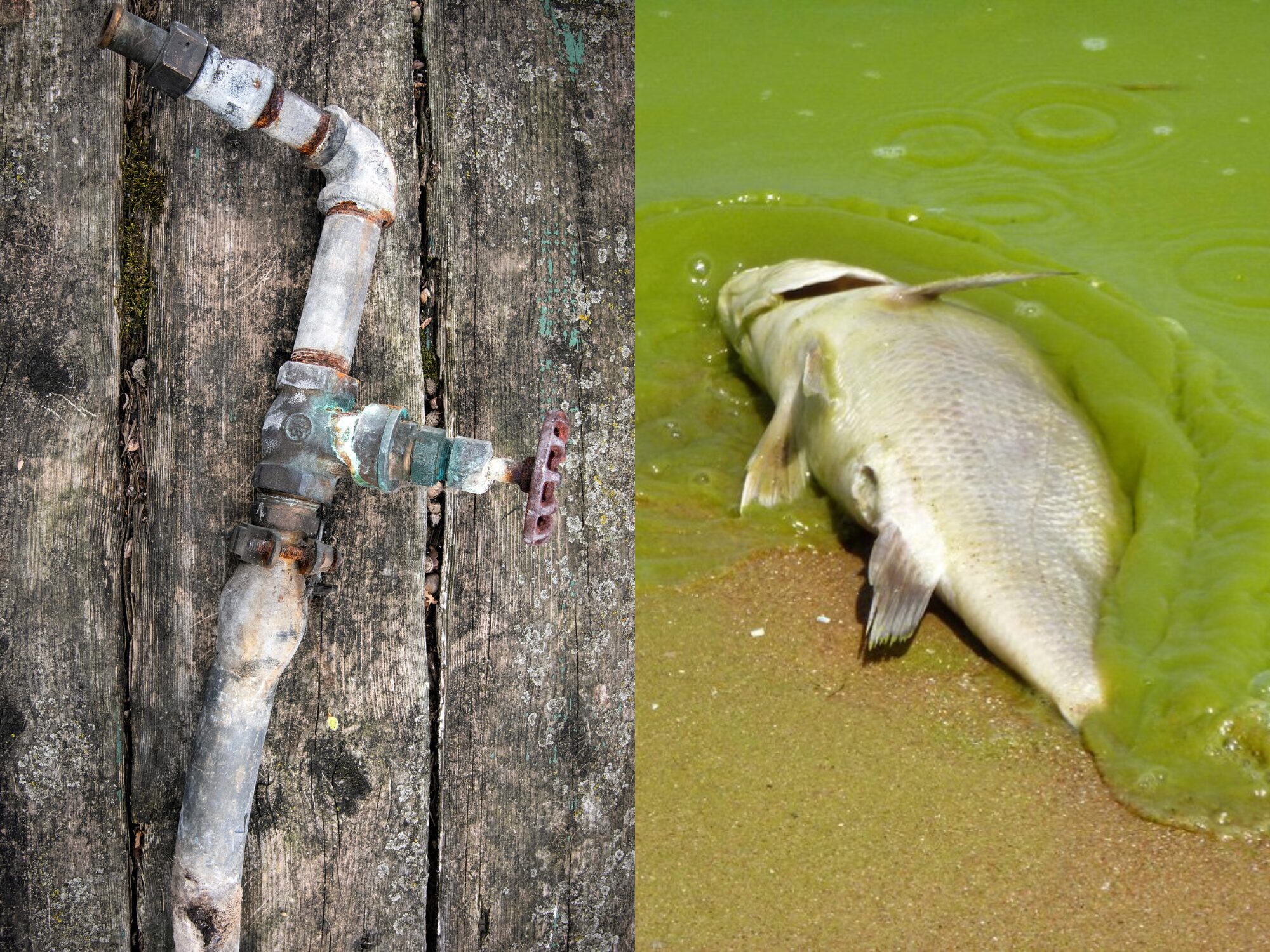 An old lead water pipe and a dead fish in algae.