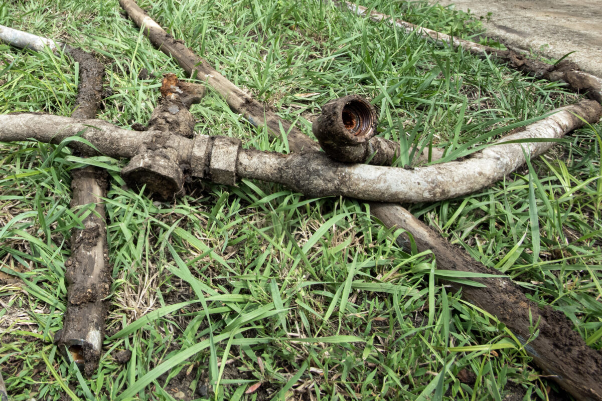 Old lead water pipes lie on a lawn.