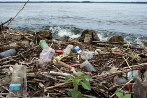 Plastic cups and bottles litter the shoreline.