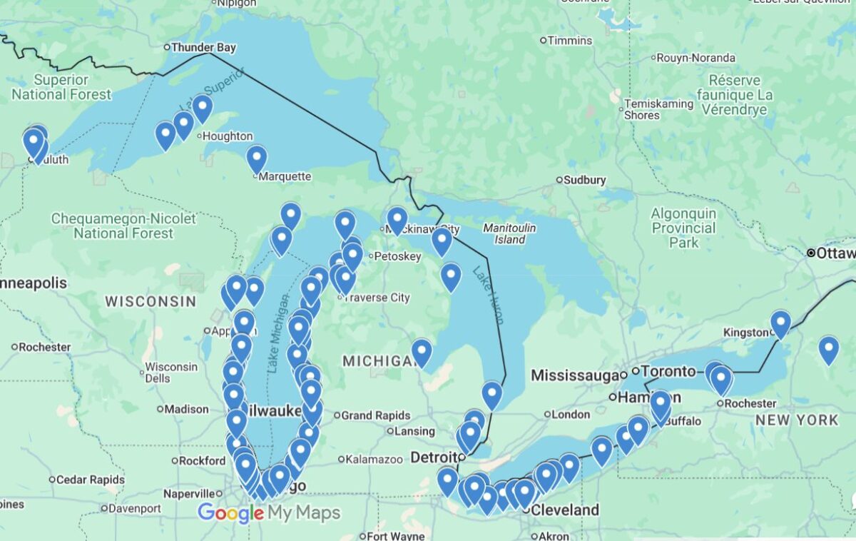 A map showing pins at locations around U.S. Great Lakes shorelines.