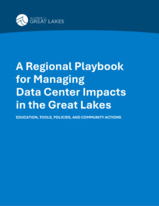 A report cover that says "A Regional Playbook for Managing Data Center Impacts in the Great Lakes."