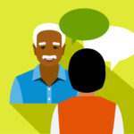 A cartoon man and woman having a conversation.