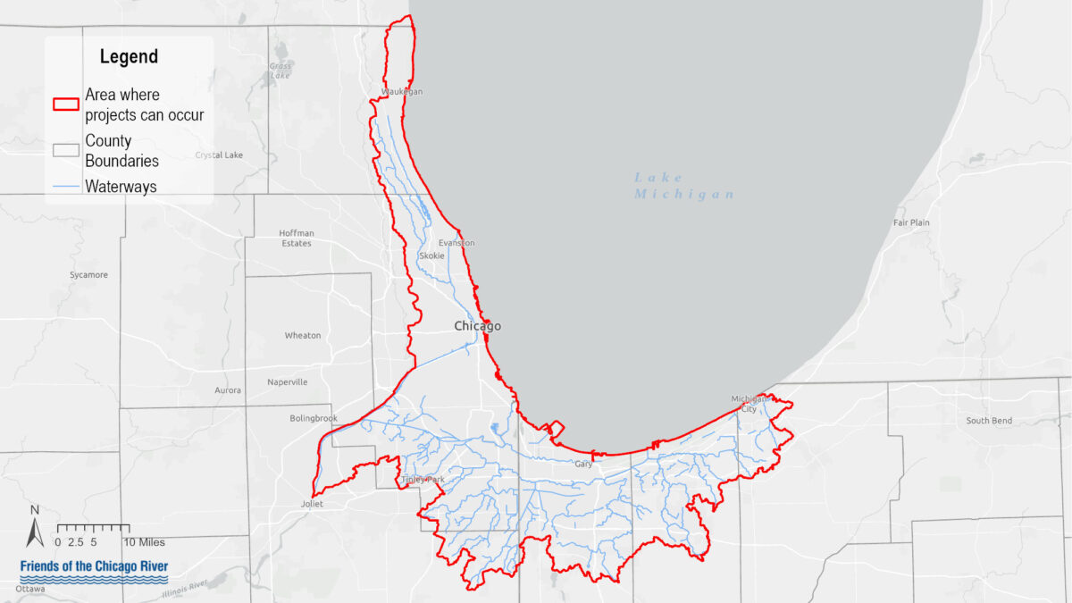 A map showing an area along southern Lake Michigan networked by rivers.