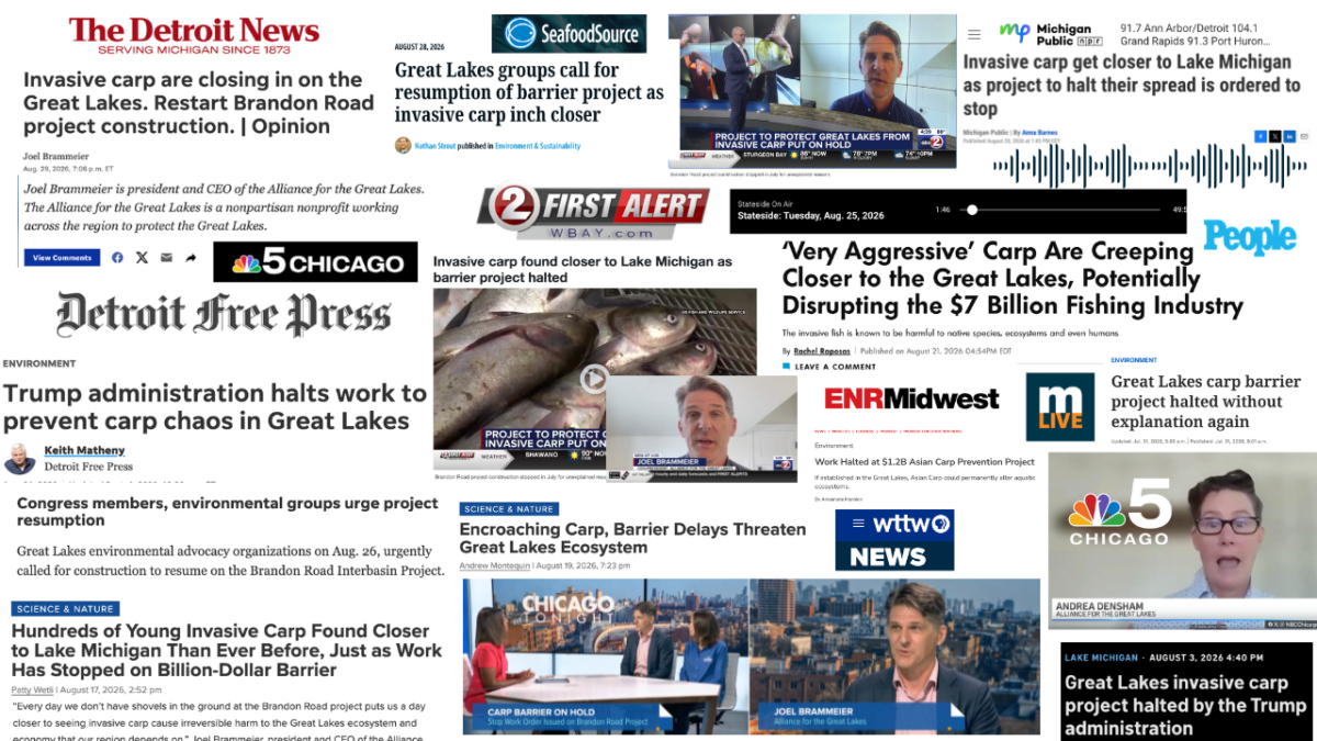 A collage of media images showing headlines and Alliance for the Great Lakes staff.