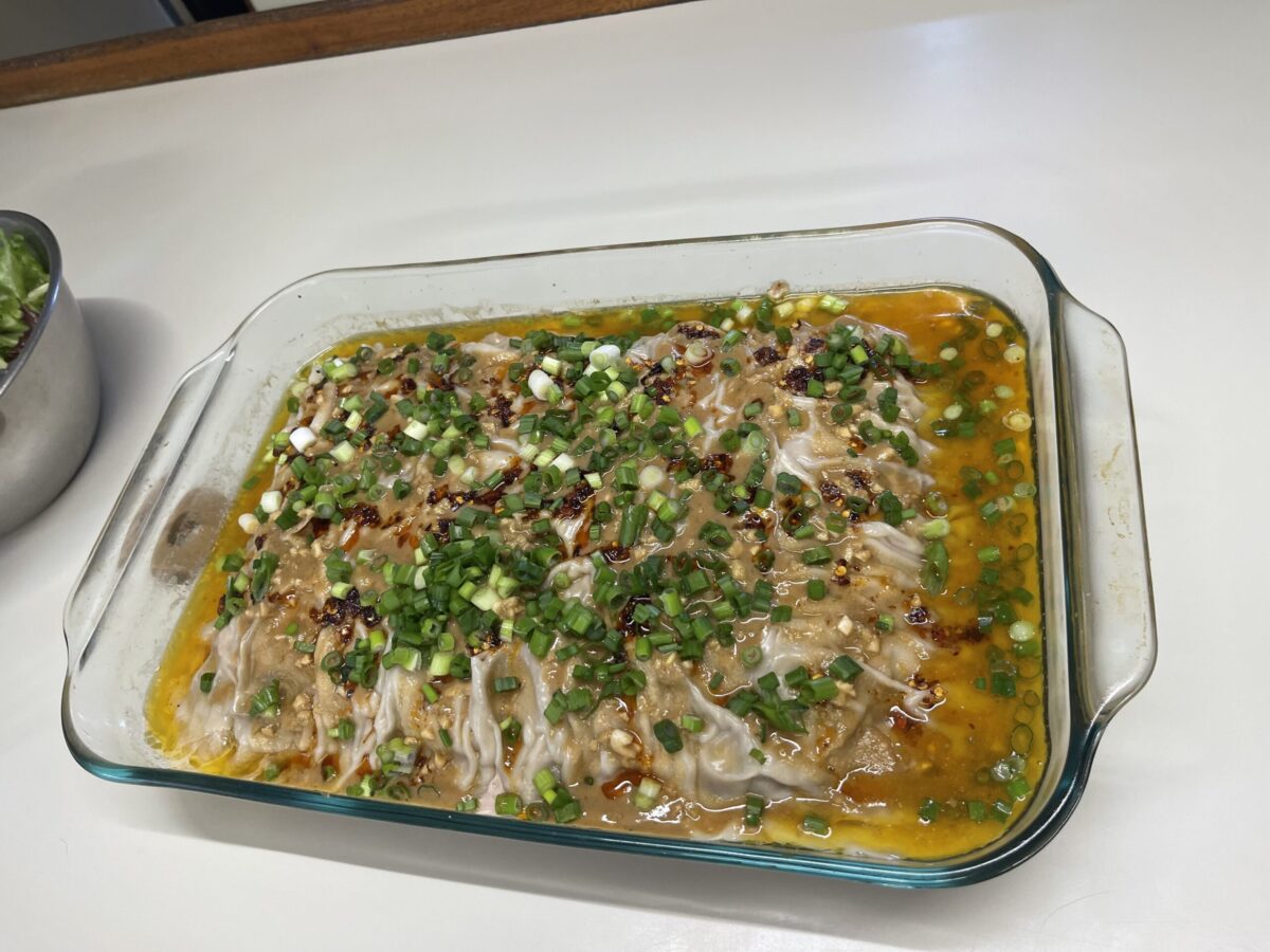 Dumpling lasagna aboard the Blue Heron.